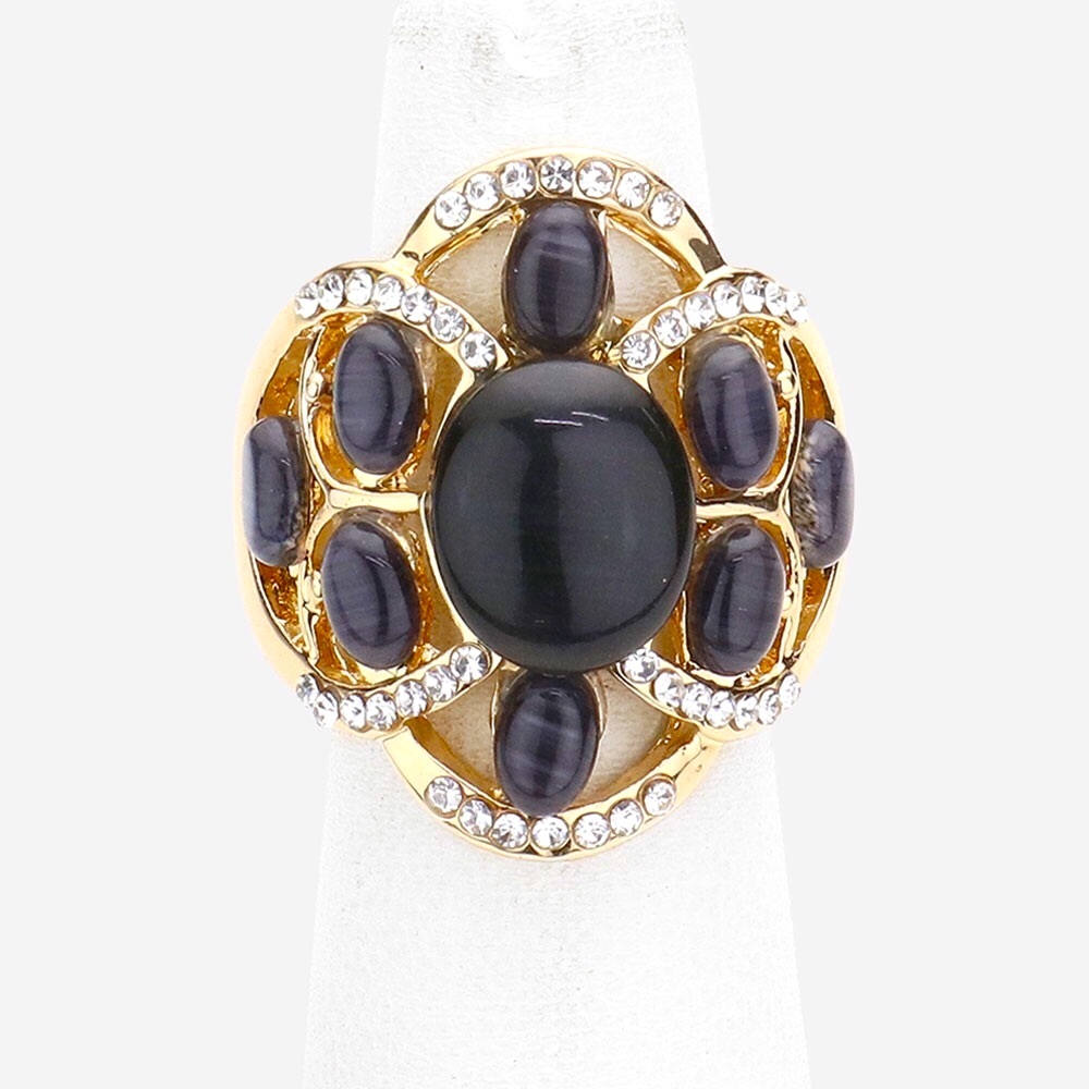 Gold & Black Oval Stone Embellished Stretch Ring